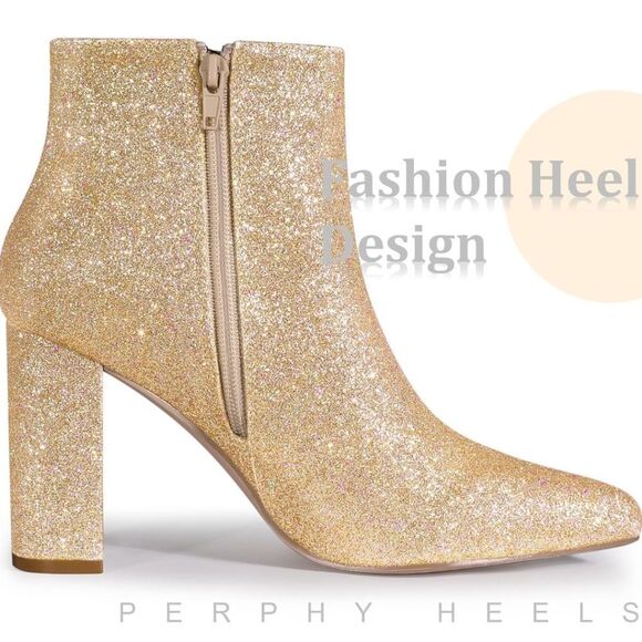 Size 7 Perphy Gold Metallic Glitter Pointed Toe Chunky Heel Ankle Boots Booties - Picture 3 of 10